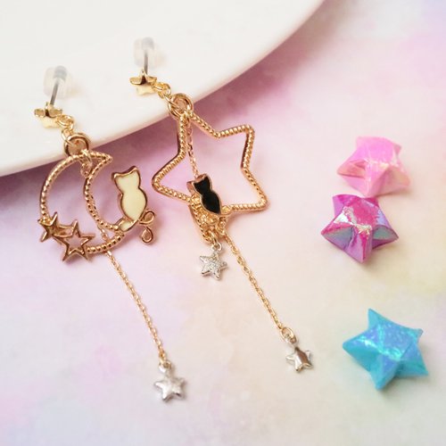 Heart Bouquet 星に願いを ピアス チタンポスト 黒貓 月 星 魔法 宇宙 揺れる かわいい ファンタジー 夢 ねこ ネコ 魔女 ハロウィン ハロウィーン アレルギー対応