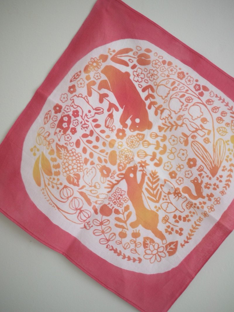 【知多木綿使用】お花とどうぶつたちのてぬぐいハンカチ〜ゆらぐピンク〜 - 手帕 - 棉．麻 多色
