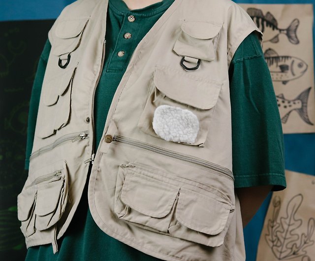 Vintage fishing vest 010 khaki, cotton fisherman mesh vest