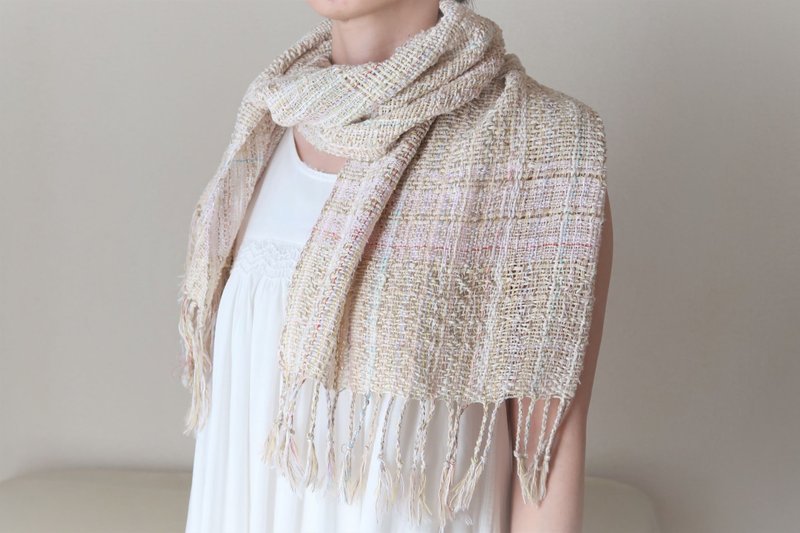 手織りストール　コットンリネンシルク　ユニコーン　ギフト　 Shawl (M) 14　週年慶 - 絲巾 - 棉．麻 白色