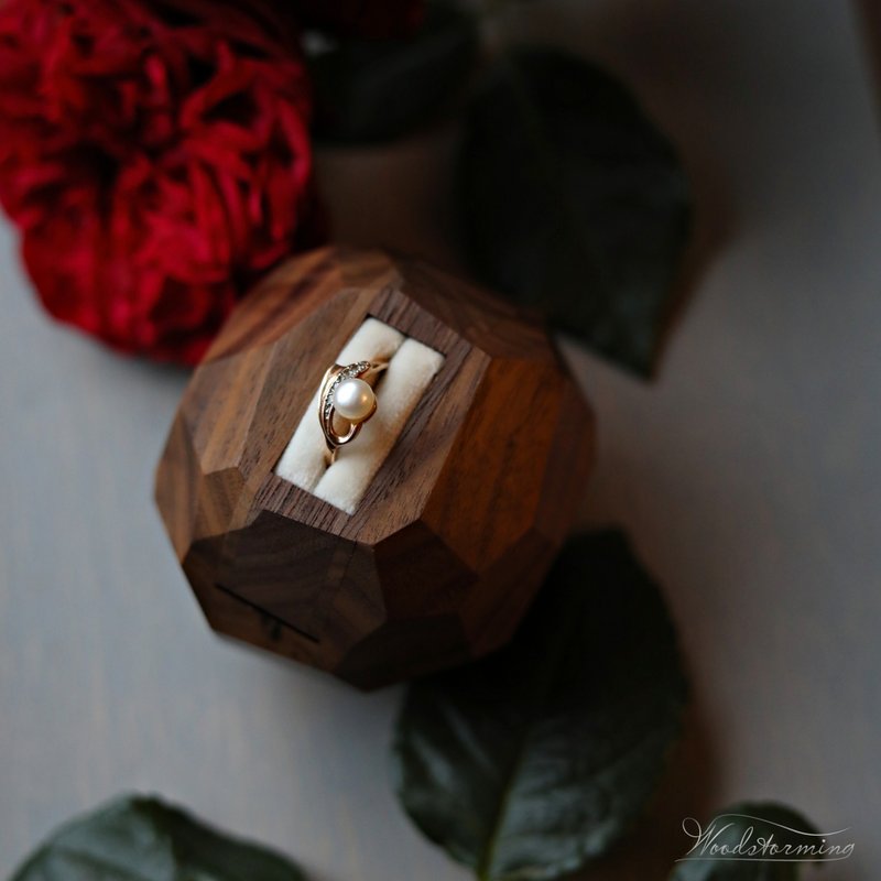 Wooden faceted sculptural ring display with white pillow by Woodstorming - Storage - Wood 