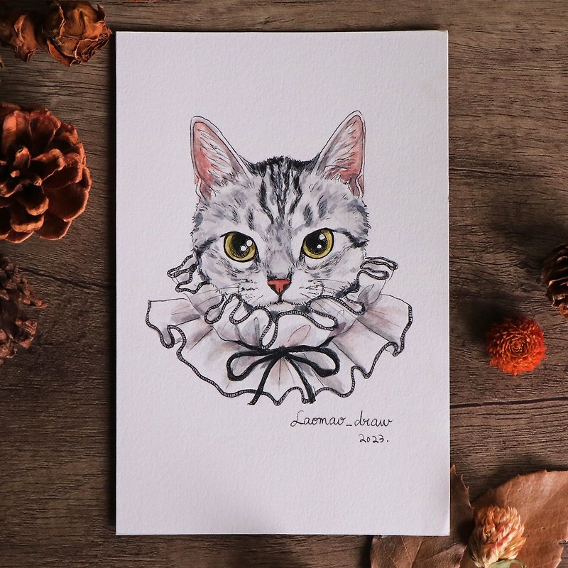 Watercolor illustration original cat head portrait 4X6 6 inches 0005 Silver tabby and ruff collar - Posters - Paper 
