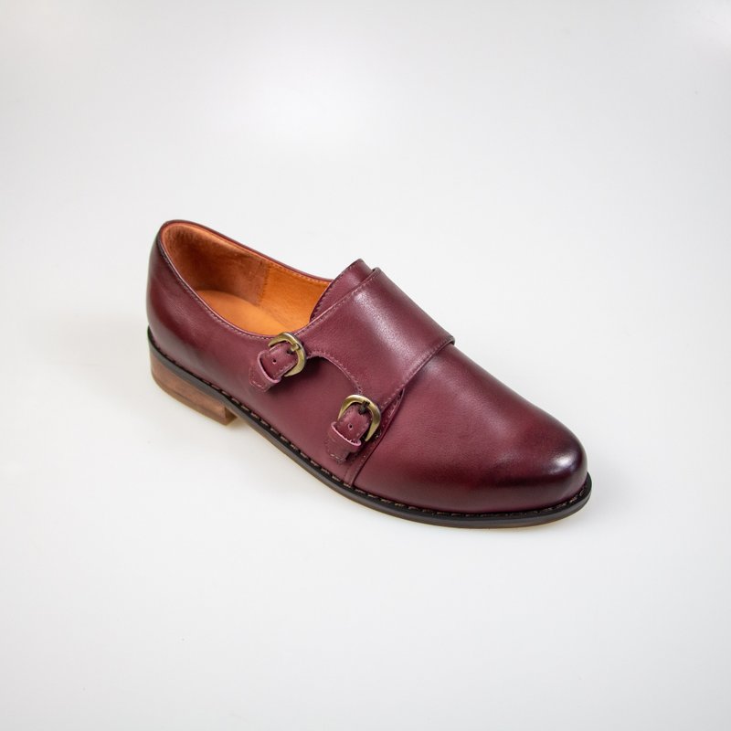 Genuine leather double-button Mengke women's shoes/ Wax burgundy/273R C last - รองเท้าหนังผู้หญิง - หนังแท้ สีแดง