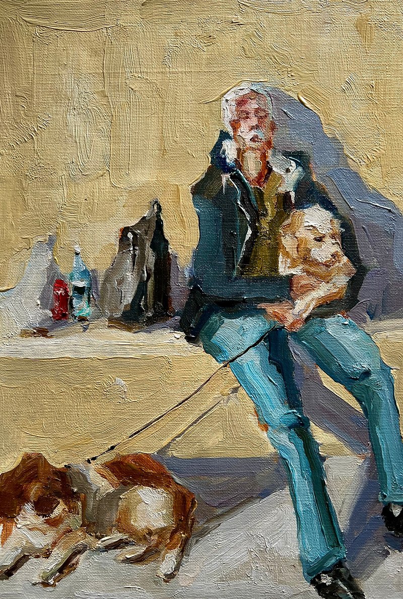 Dog Walker Oil Painting Semi Abstract Contemporary Framed Artwork Canvas Figurat - Wall Décor - Cotton & Hemp Khaki