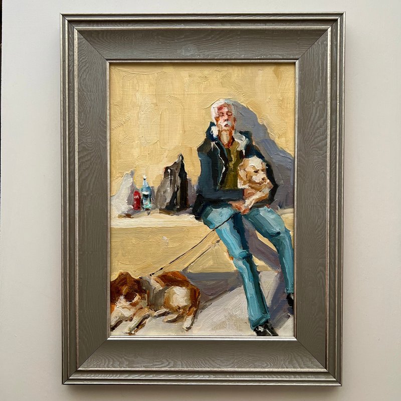 Dog Walker Oil Painting Semi Abstract Contemporary Framed Artwork Canvas Figurat - 壁貼/牆壁裝飾 - 棉．麻 卡其色