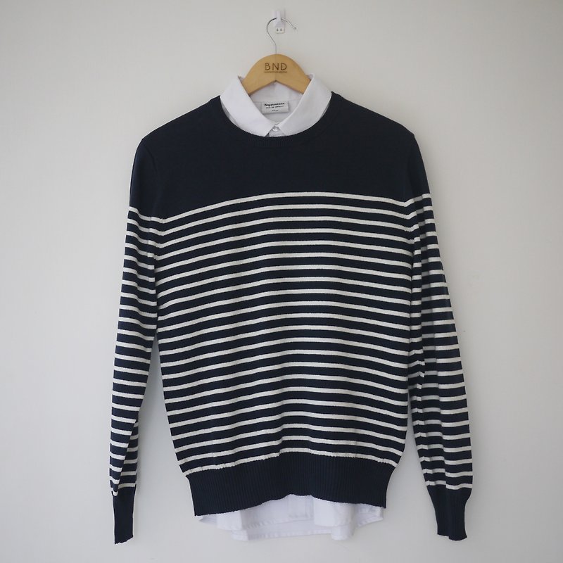 Stripes Sweater 條紋套頭針織毛衣/簡約/情侶款/中性 - 男毛衣/針織衫 - 棉．麻 藍色