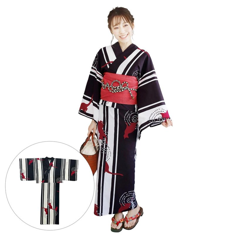 日本 和服 女性 兩件式 浴衣 腰封 套組 F size x23h-14 - 其他 - 棉．麻 黑色