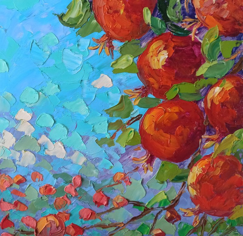 Pomegranates on Branch Oil Painting on Panel 12x12in Fruits Original Art - 海報/掛畫/掛布 - 其他材質 多色