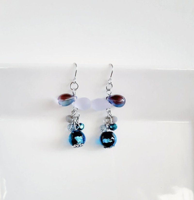 Petit Jaraja earrings with dangling glass beads and teardrop beads Mysterious blue Glass beads Gift Can be changed to hypoallergenic earrings or Clip-On - Earrings & Clip-ons - Glass Blue