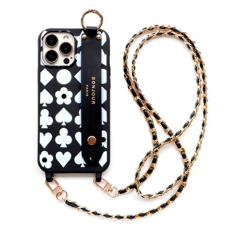 Love Small Pattern Hand Strap Gold Chain Phone Case - Phone Cases - Plastic Black