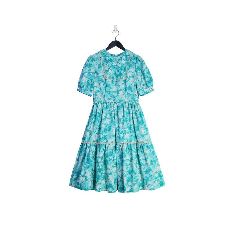 A‧PRANK :DOLLY ::VINTAGE Lake Green Floral Bubble Sleeve European Vintage Dress (D808013) - One Piece Dresses - Cotton & Hemp Green