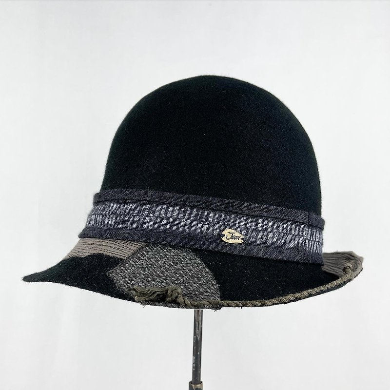 bowler crochet wool hat Hmong hemp charcoal dyed cotton mud-dyed fringe - Hats & Caps - Wool Black