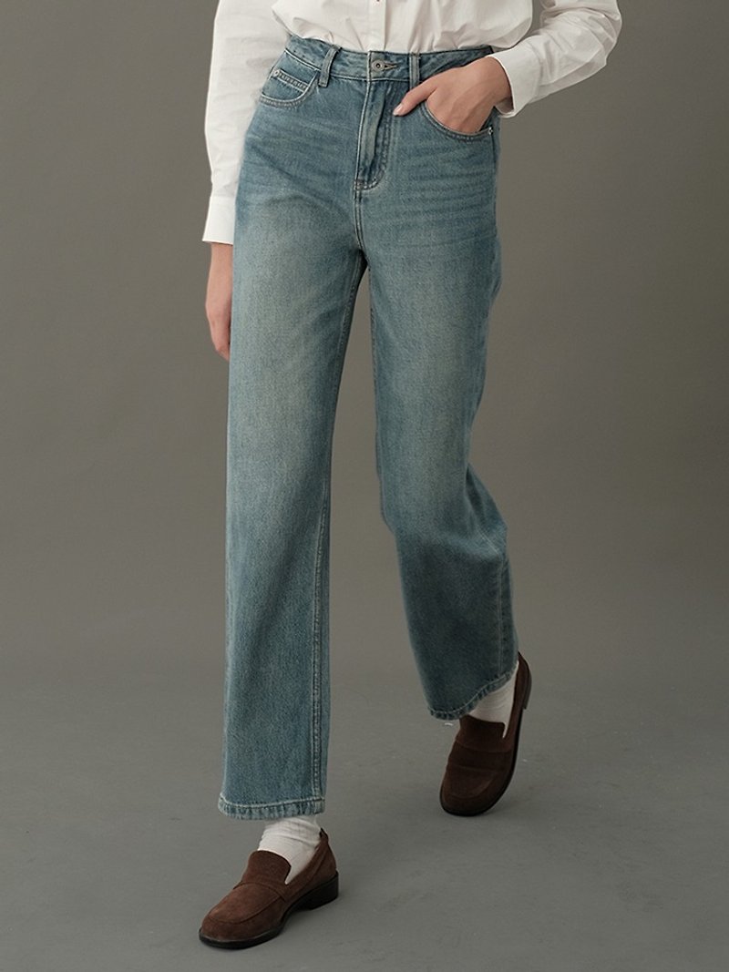 ECRU SOLI素白已然做舊感高端漢麻面料復古藍闊腿直筒褲 - 女長褲 - 其他材質 多色