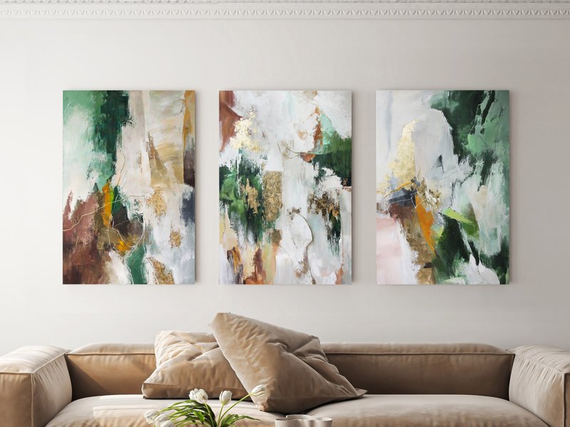 Green and Gray Painting | Triptych Wall Art Abstract | Green Glory Set of 3 - 壁貼/牆壁裝飾 - 棉．麻 綠色