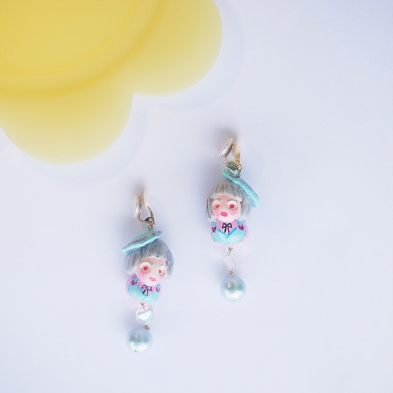 Afternoon tea girl hand-made clay earrings - Earrings & Clip-ons - Clay Multicolor