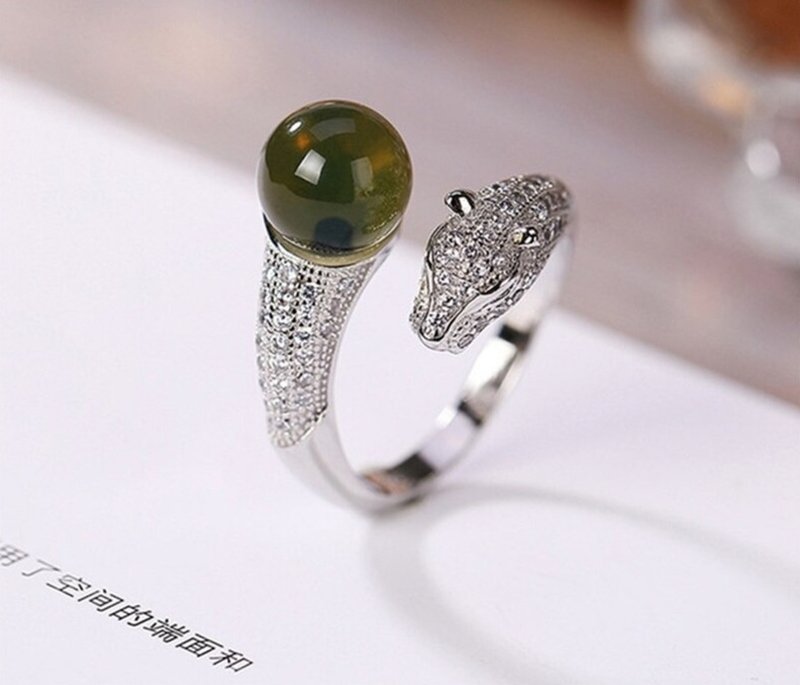 Zircons Crystals Leopard Rings for Women Natural Blue Amber Rings Shinning - แหวนทั่วไป - เงินแท้ สีเงิน