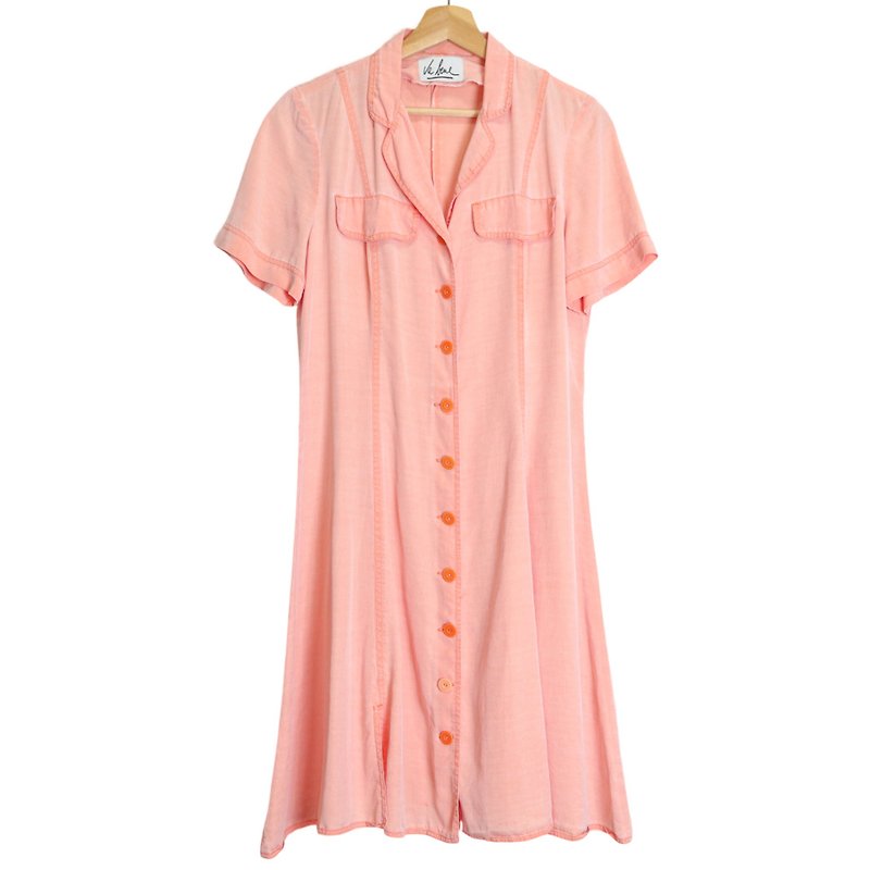 1980s coral orange plain breasted dress shell button vintage dress - ชุดเดรส - ผ้าไหม สึชมพู