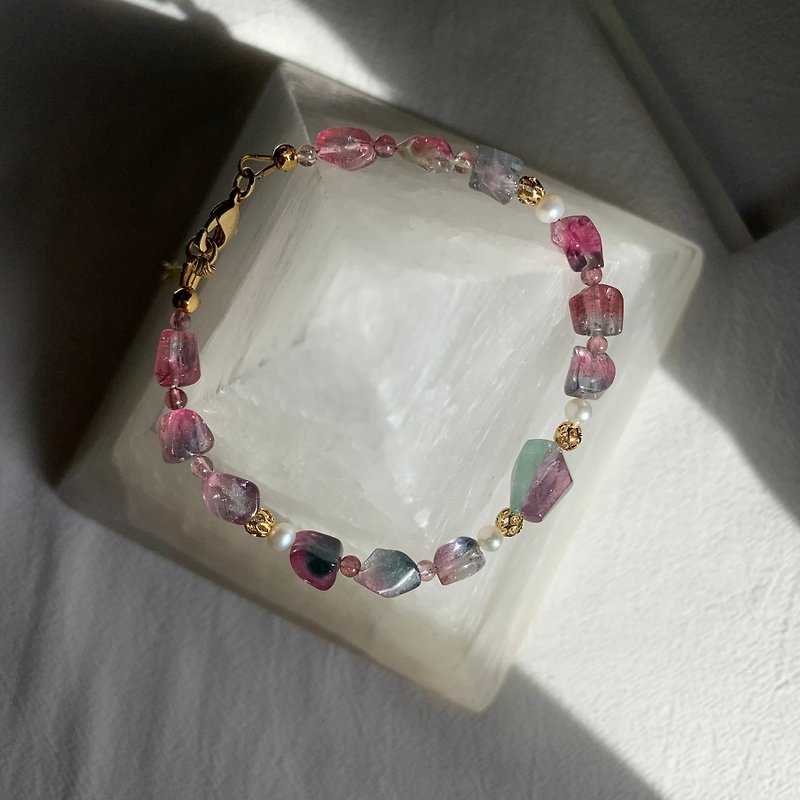 夢幻色系 粉藍粉綠碧璽原石手鏈 天然水晶設計手鏈 - 手鍊/手鐲 - 半寶石 多色