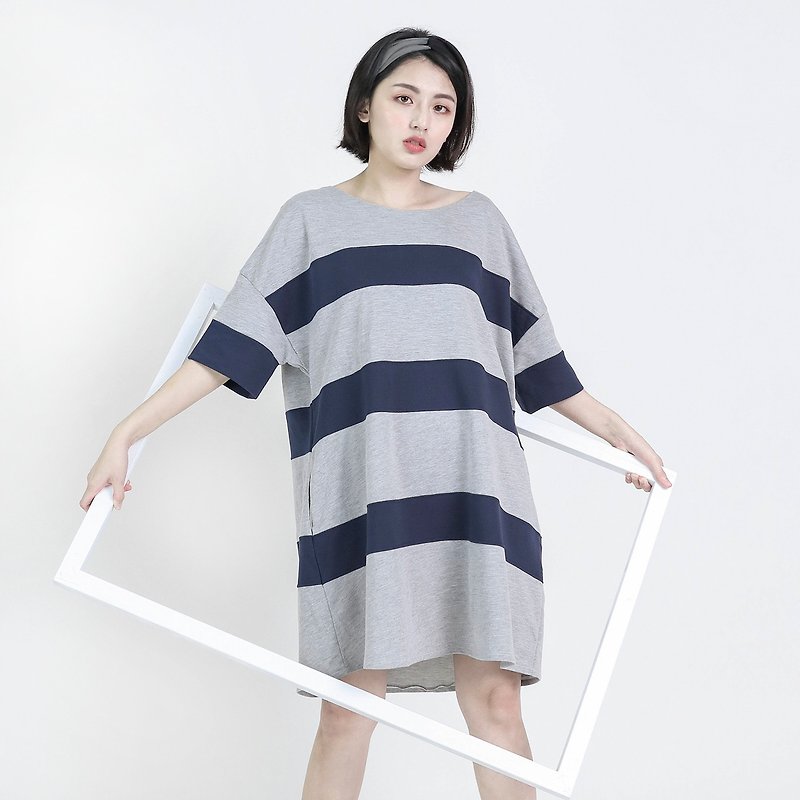 Element element striped loose top dress _8SF106_ gray blue - One Piece Dresses - Cotton & Hemp Gray