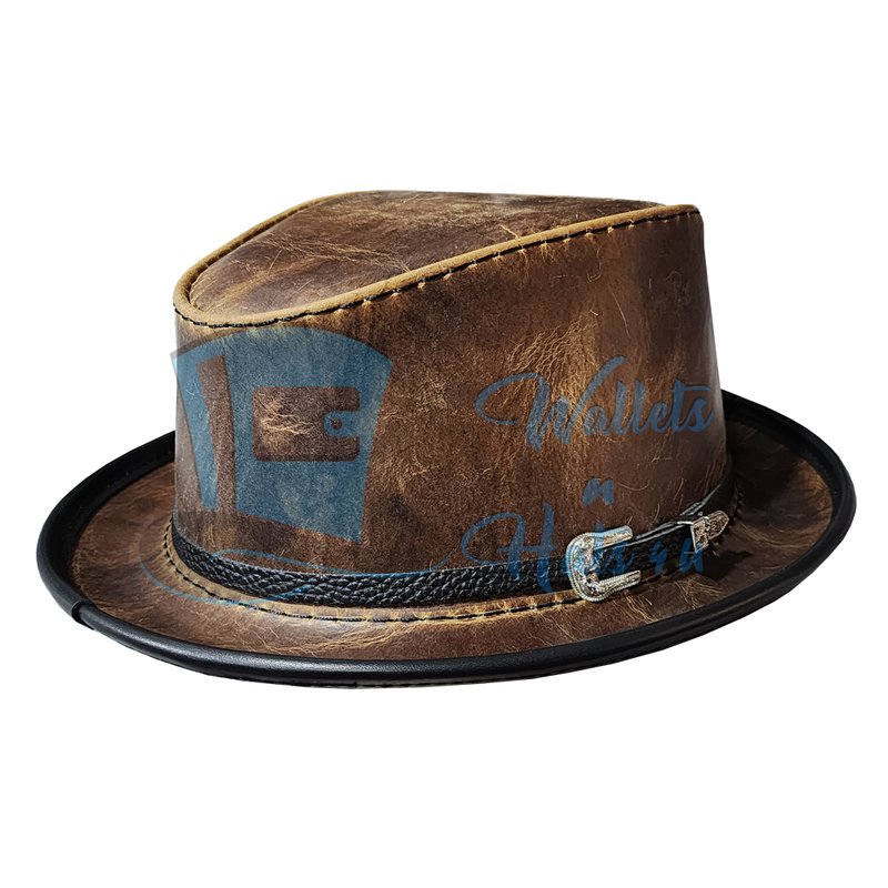 Crazy Horse Leather Handmade Fedora Hat - 帽子 - 真皮 咖啡色