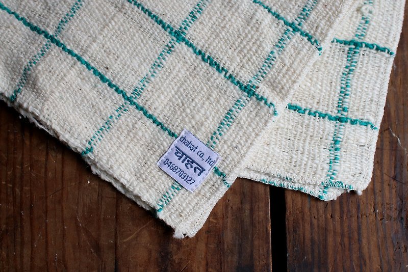 ガンジーの正方形のタオルを織るCHAHAT KHADI _グリーングリッド線 - ランチョンマット - コットン・麻 ホワイト