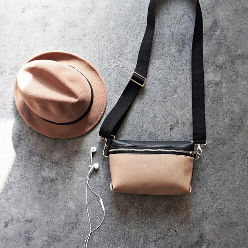 Bicolor Beige + Black Crossbody Bag - กระเป๋าแมสเซนเจอร์ - หนังเทียม สีกากี