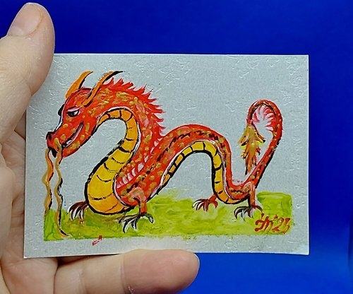 CosinessArt ACEO Golden Dragon #5 Original Collectible Postcard ACEO Zodiac ACEO well-being