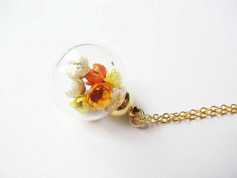 ＊Rosy Garden＊陽光橘黃色系小雛菊乾燥花水晶玻璃球項鏈 - 頸鏈 - 玻璃 黃色