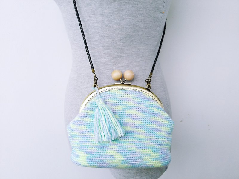 Fluorescent lamb velvet mercerized cotton large opening wooden bead gold bag cross-body bag - Messenger Bags & Sling Bags - Cotton & Hemp Green