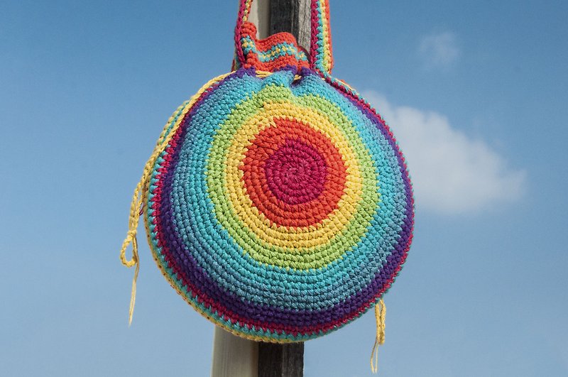 Hand-crocheted bag rainbow natural cotton Linen crocheted lightweight bag / oblique backpack / shoulder bag / shoulder bag / shopping bag / bags Christmas gift exchange gifts Mother's Day Father's Day - Desert Rainbow - Messenger Bags & Sling Bags - Cotton & Hemp Multicolor