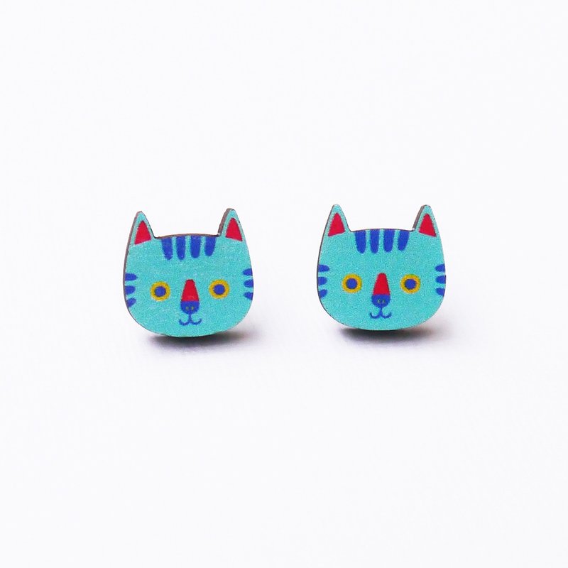 Mimi The Blue Cat Printed Wooden Earrings - Earrings & Clip-ons - Wood Blue