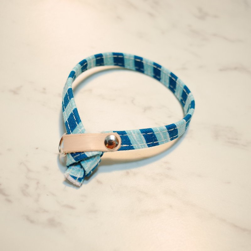 貓 項圈 日本棉布 藍綠斑馬線 藍條紋 手繪風 雙面設計 附鈴鐺 植楺皮 - 貓狗頸圈/牽繩 - 棉．麻 