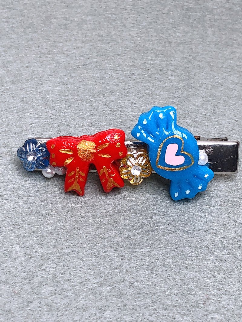 蝴蝶結 糖果 手作黏土髮夾 手繪捏製 304不銹鋼鴨嘴夾-大尺吋 - 髮夾/髮圈 - 黏土 紅色