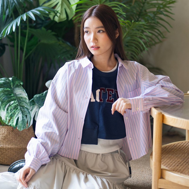 【ad-lib women】女裝短版恤衫 - 粉紅色//深灰色 (BL009) - 女襯衫 - 棉．麻 粉紅色