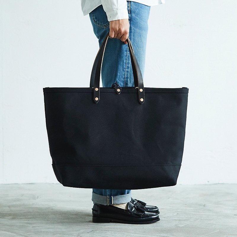 กระเป๋าโท้ตหนังแคนวาส L Size Made in Japan Simple Large Shoulder Black Daily Use - กระเป๋าถือ - ผ้าฝ้าย/ผ้าลินิน สีดำ