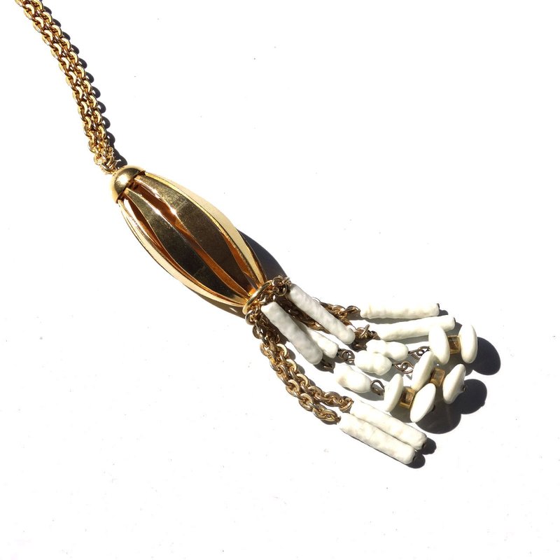 Guy Laroche France streamline shape × white glass parts vintage drop long neckl - 項鍊 - 玻璃 金色