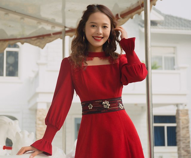 新年の赤いドレス2020年春新しい中国風ハイウエストスリムレトロ長袖 ...