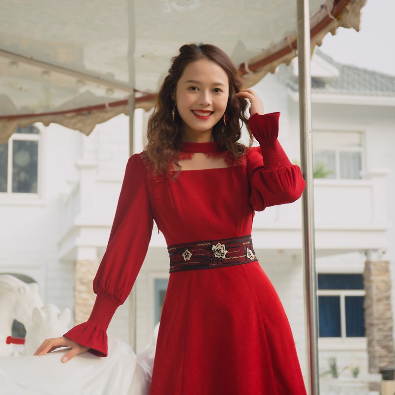 New Year Red Dress 2020 Spring New Chinese Style High Waist Slim Retro Long Slee - One Piece Dresses - Other Materials 