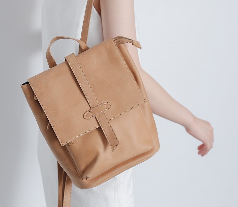 Multi-sandwich design mini square post backpack camel - กระเป๋าเป้สะพายหลัง - หนังแท้ สีนำ้ตาล