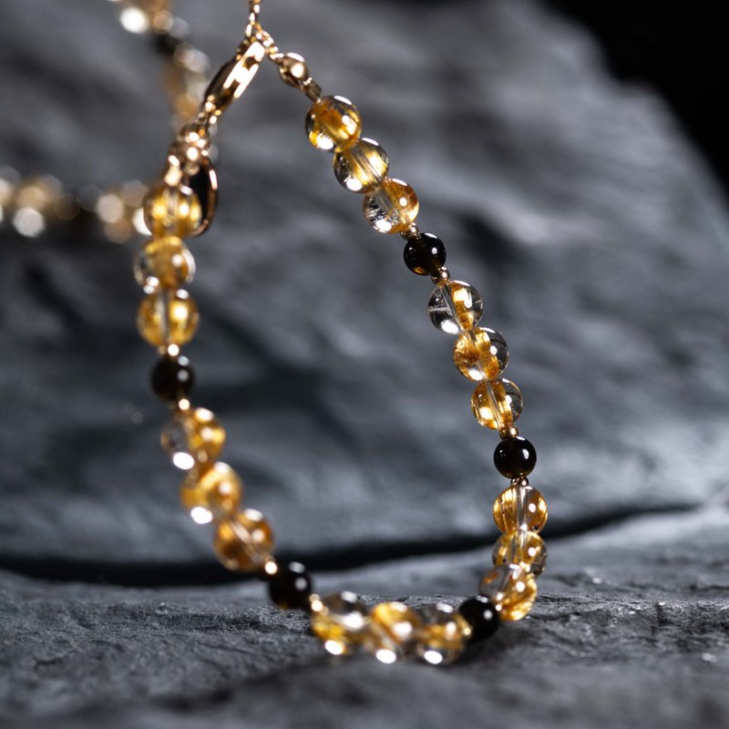 金鈦晶黑曜石手鍊 | 招財水晶金髮晶 天然水晶客製化禮物手鏈 - 手鍊/手鐲 - 半寶石 金色