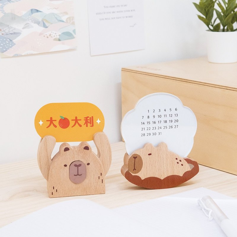 [Healing Office] Good Day Perpetual Calendar & HOLD Lucky Business Card Holder | Comes with gift bag packaging - Other - Wood Multicolor