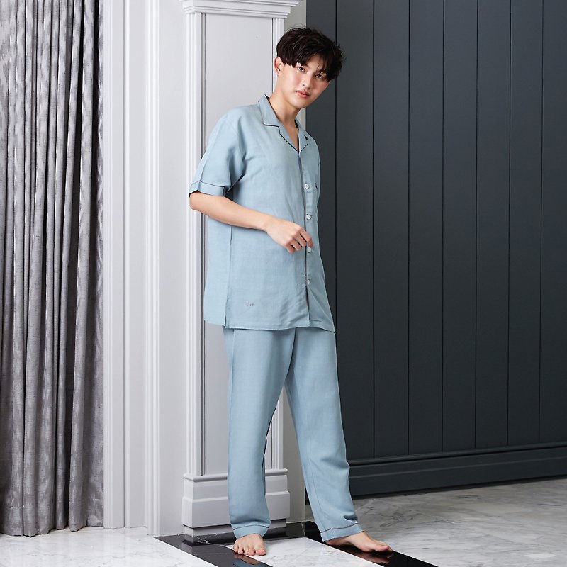Linen Pajamas Short sleeve with Pants - 居家服/睡衣 - 亞麻 藍色