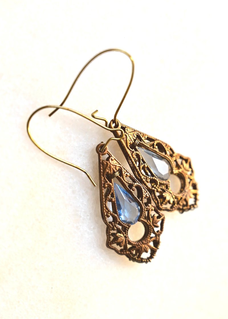 Vintage Filigree Glass Earrings~Age Brass~Only One~Handmade - Earrings & Clip-ons - Copper & Brass Blue