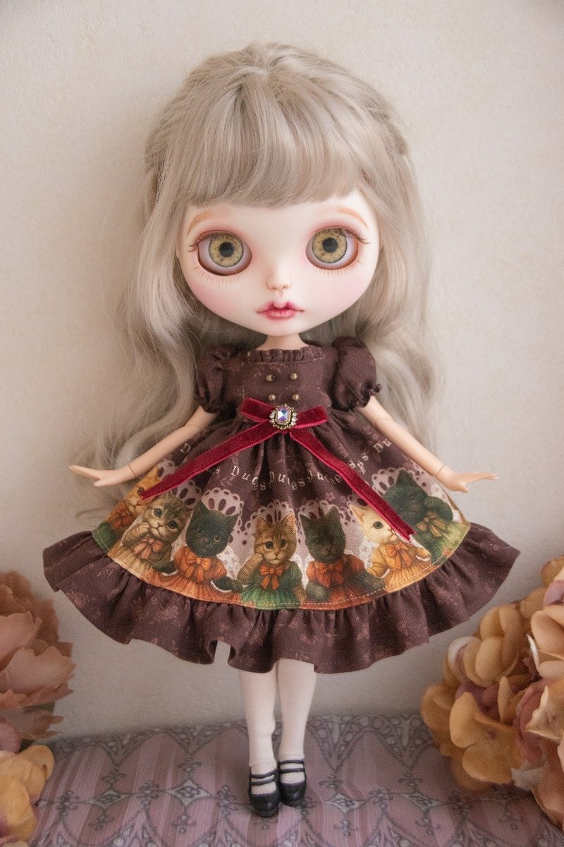 ブライス　服　ドレス　ワンピース　アンティークキャッツワンピ　ボルドー - 其他 - 棉．麻 紅色