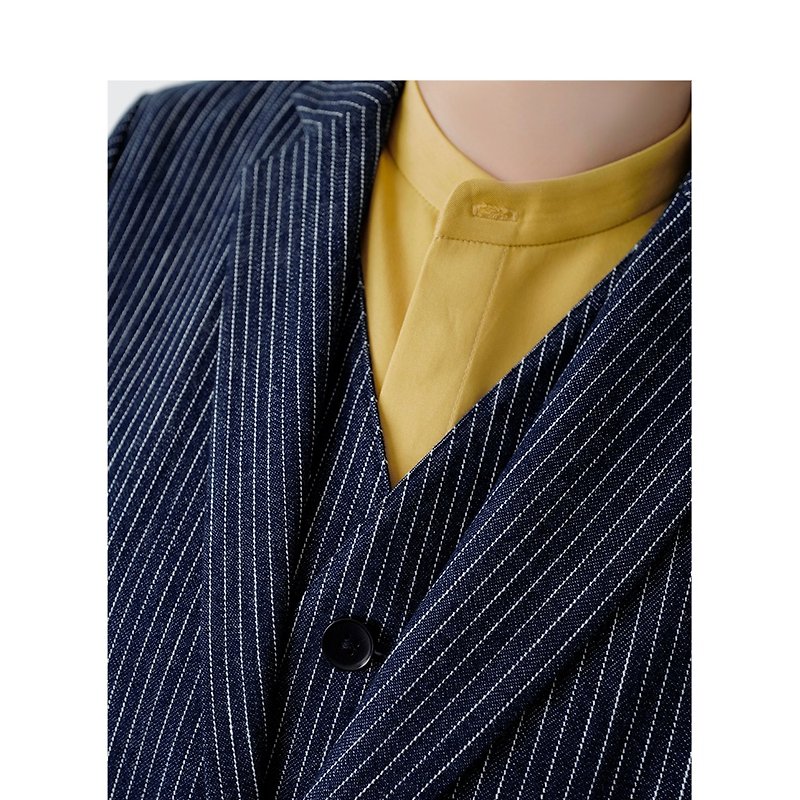 Chestnut Research Institute Gamine Nissan indigo retro striped single-layer lapel collar casual denim suit jacket - Women's Blazers & Trench Coats - Cotton & Hemp 