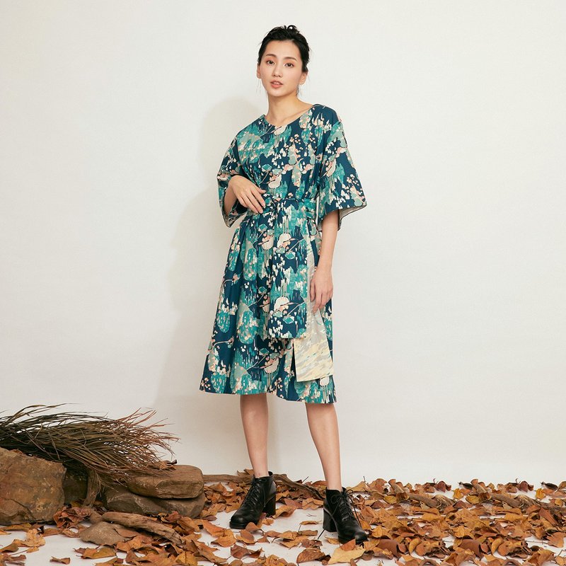 ロビン七分袖タイワンピ_浮島 - ワンピース - コットン・麻 多色