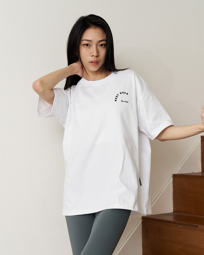 【GLADE.】Rest Day heavyweight wide embroidered short-sleeved top (white) - Women's Tops - Cotton & Hemp White