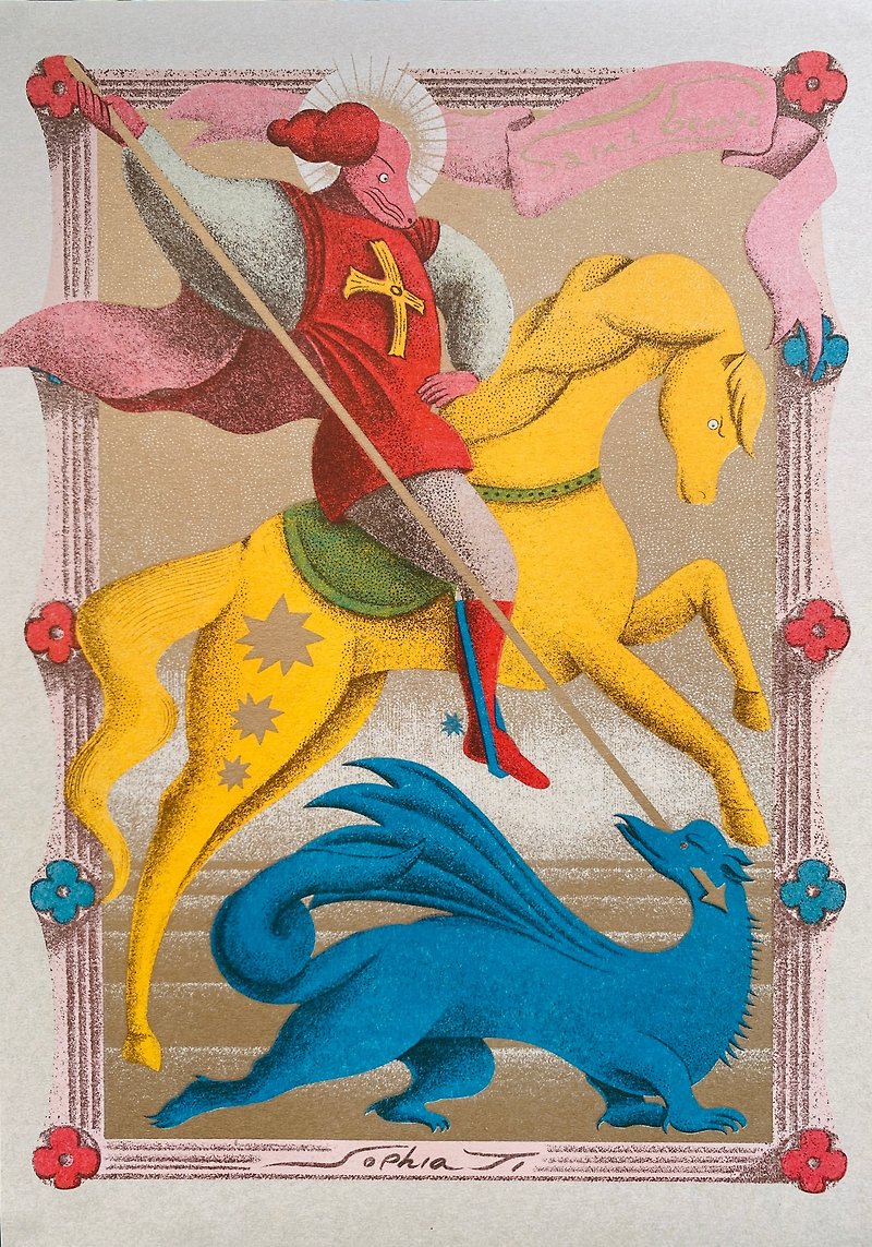 Saint George slaying the dragon stencilled poster - Posters - Paper Multicolor
