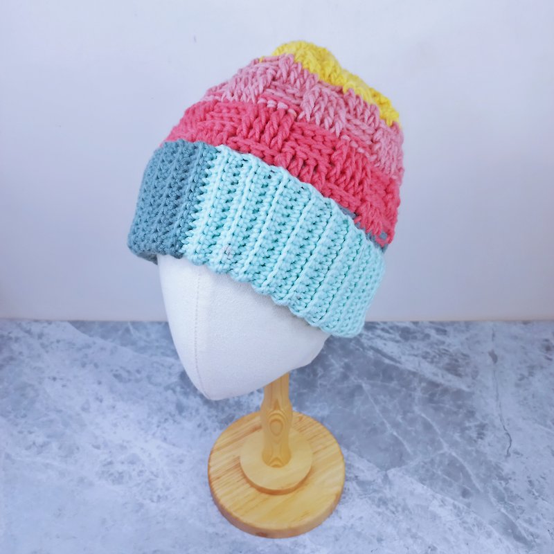 Limited edition bright checkered wool reverse-fold beanie hand-knitted beanie - Hats & Caps - Cotton & Hemp Multicolor