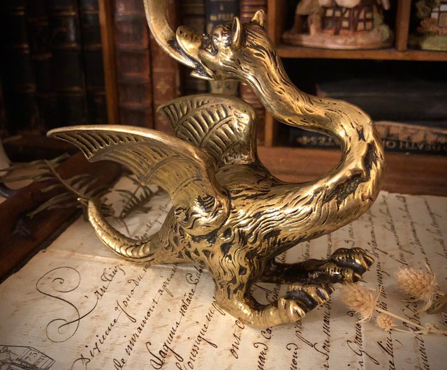 Antique Vtg Brass Griffin Gryphon Dragon Candlestick Candle Holder